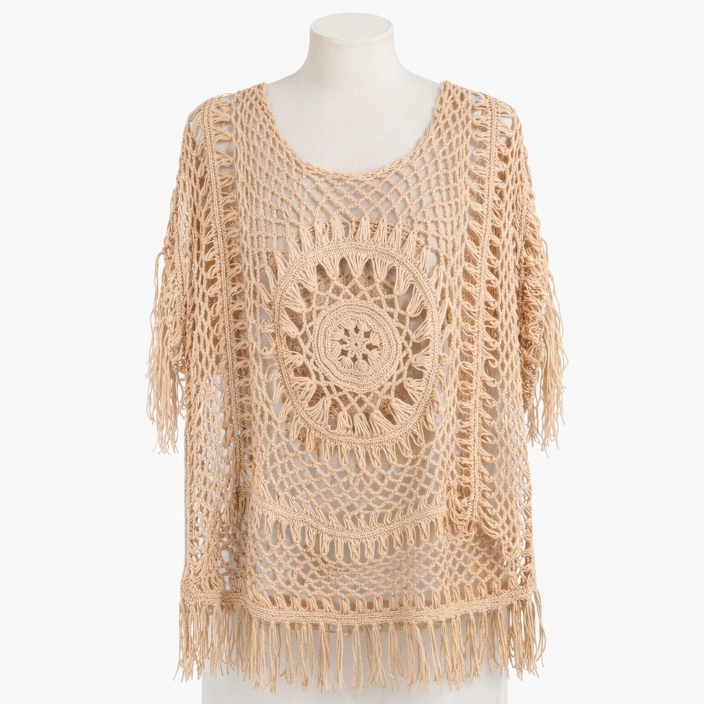 Vintage Y2K Womens Boho Crochet Fringe Shirt Size XL Tan Coverup Beach Festival